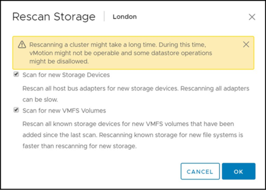 Rescanning options in the vSphere Client 