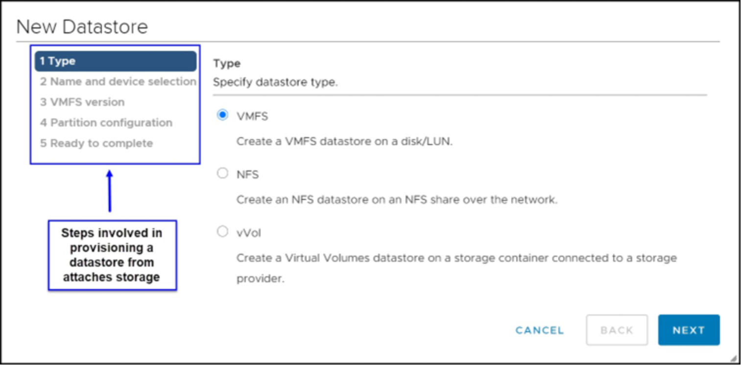 Provisioning a new VMFS datastore in the vSphere Client — Type