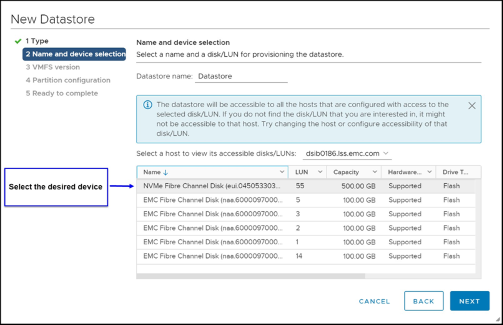 Provisioning a new VMFS datastore in the vSphere Client — Disk/LUN 