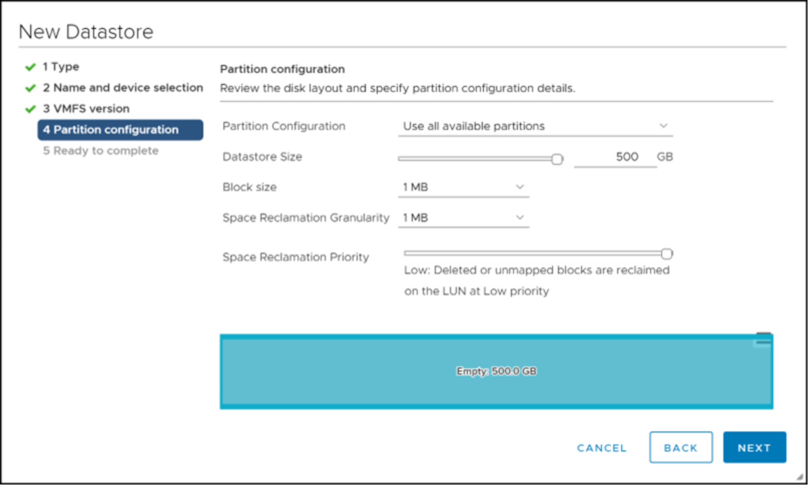 Provisioning a new VMFS datastore in the vSphere Client — Partition 