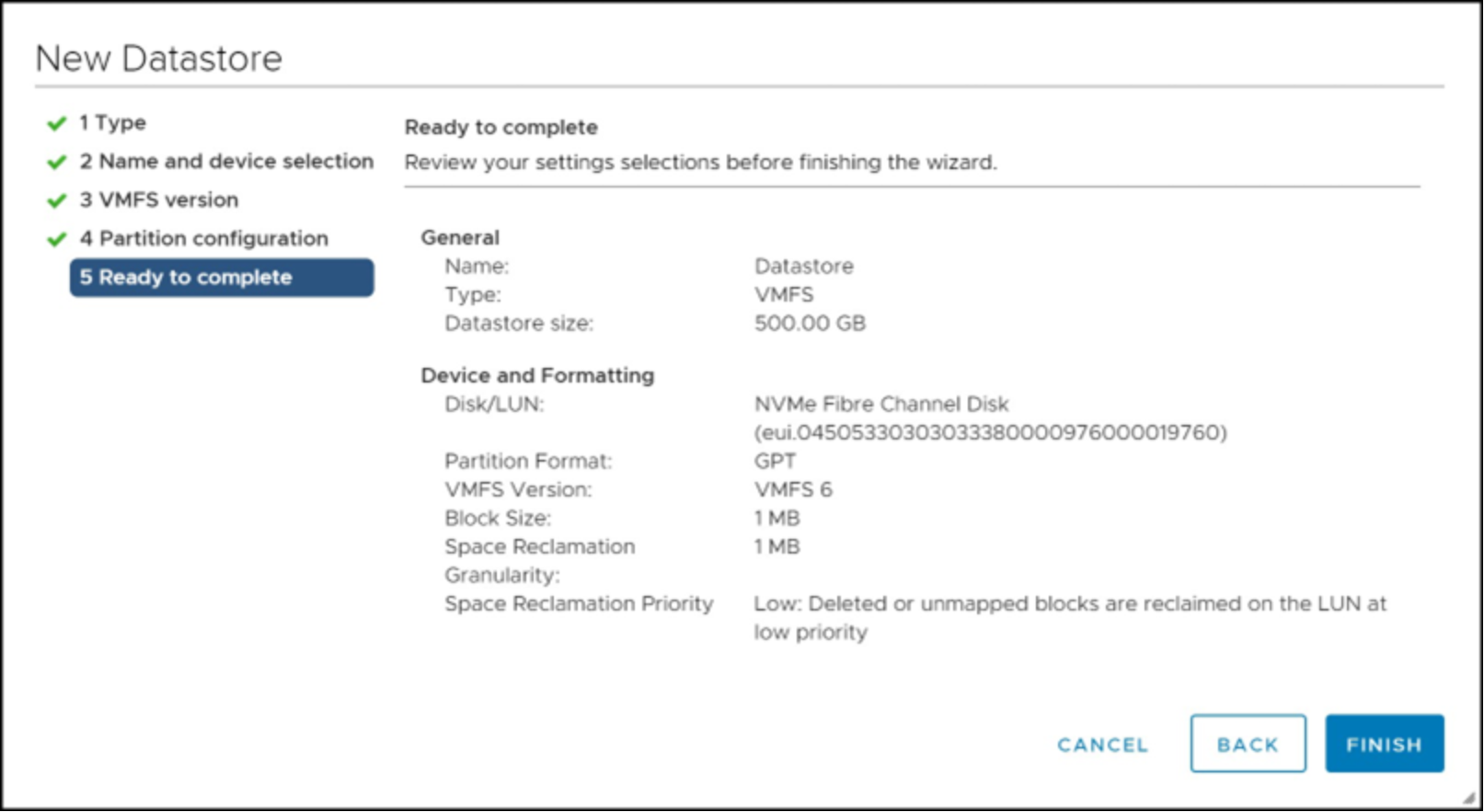 Provisioning a new VMFS datastore in the vSphere Client — Summary