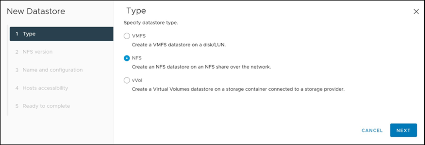 Provisioning a new NFS datastore in the vSphere Client — Type