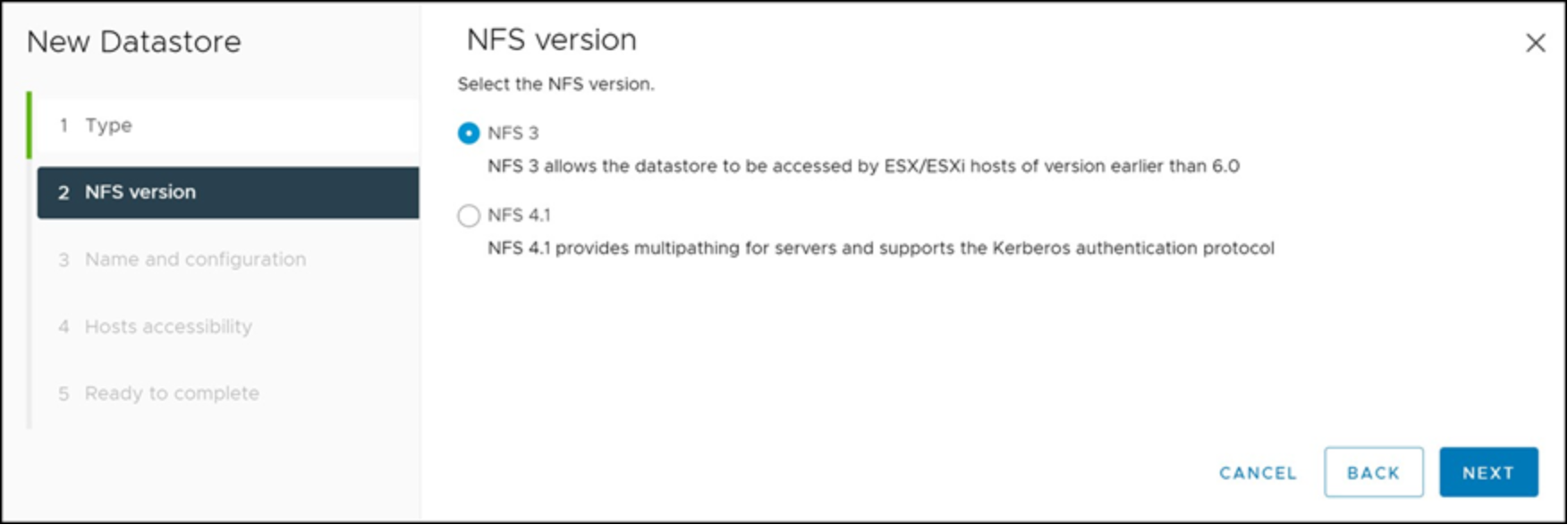 Provisioning a new NFS datastore in the vSphere Client — NFS version