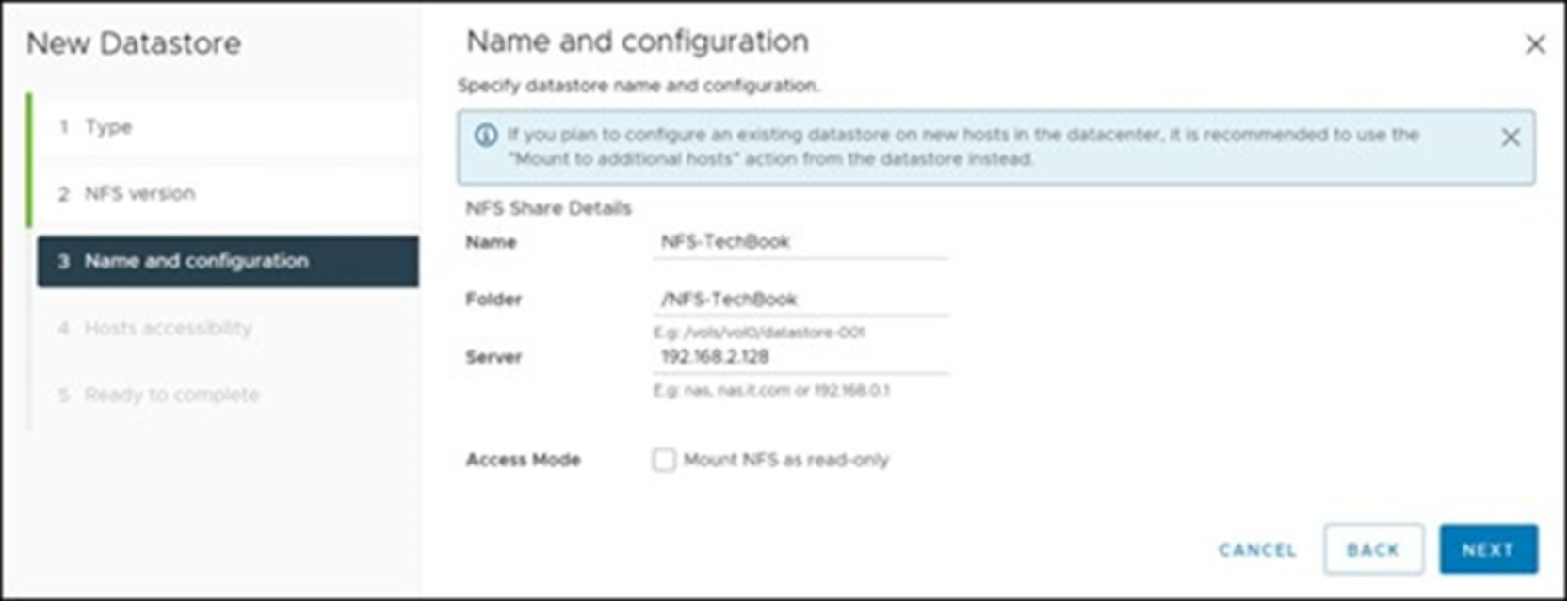 Provisioning a new NFS datastore in the vSphere Client — Name and configuration