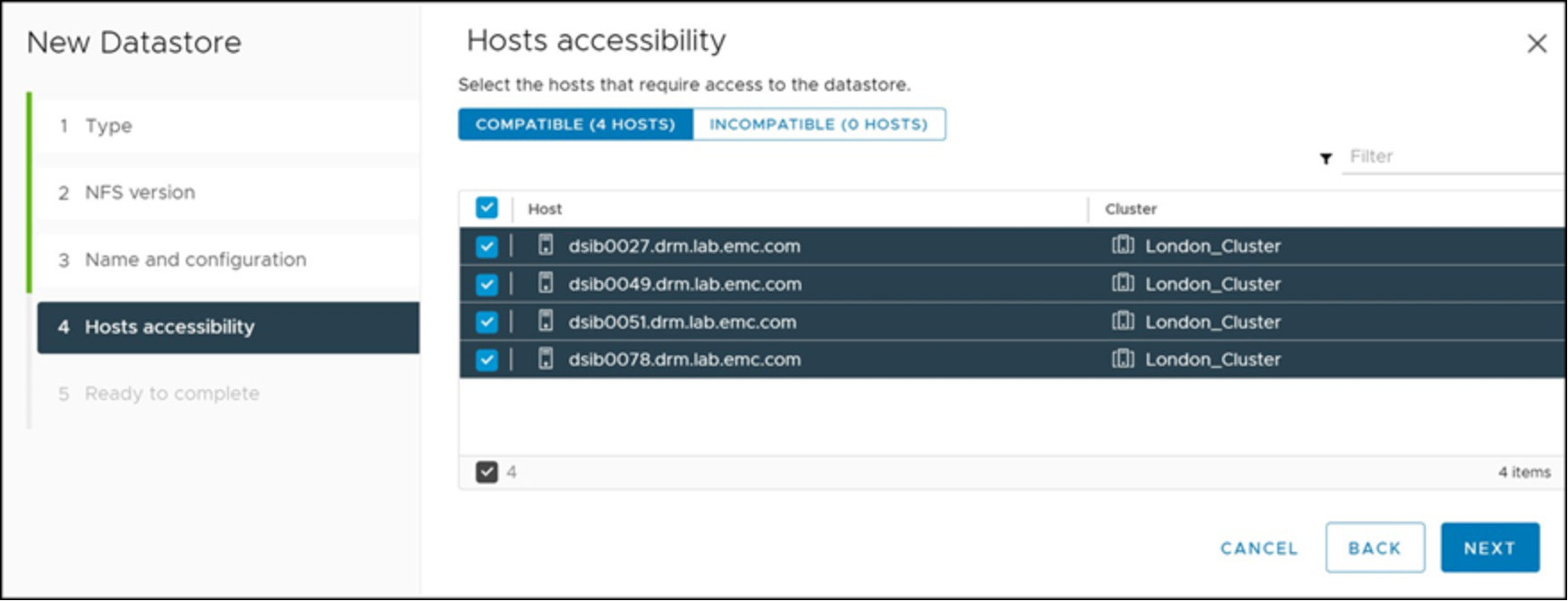 Provisioning a new NFS datastore in the vSphere Client — Host accessibility 