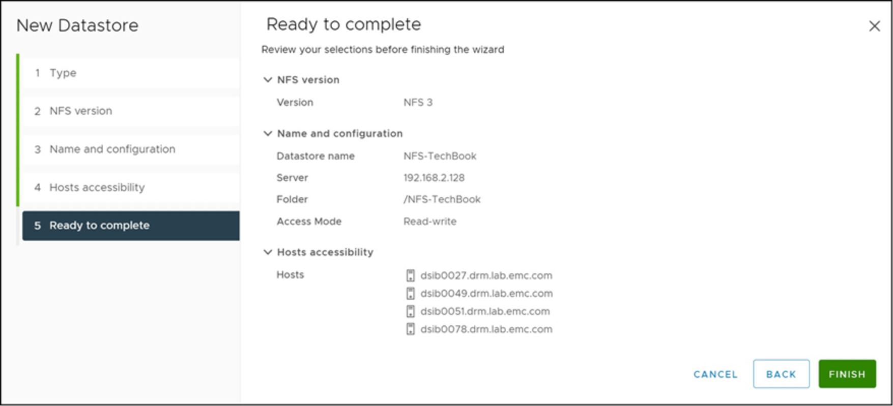 Provisioning a new NFS datastore in the vSphere Client — Summary