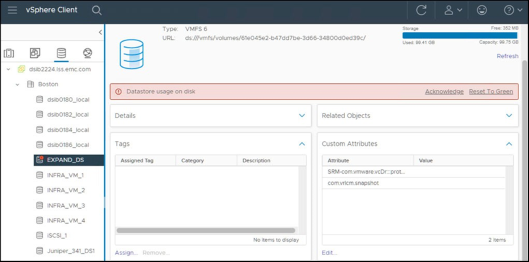 VMFS datastore before being grown using VMFS Volume Grow 