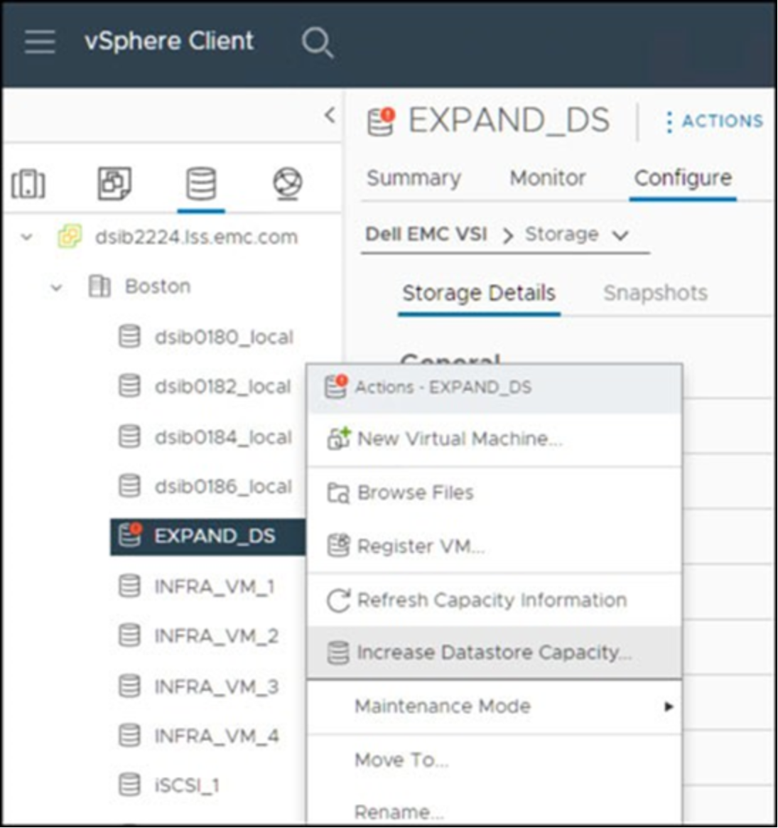 Increasing datastore capacity in the vSphere Client 