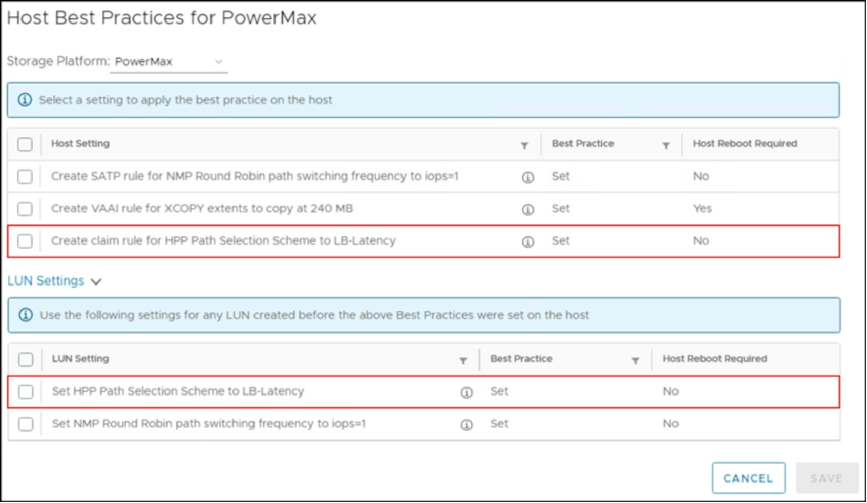 VSI HPP Host Recommended Settings - vSphere Client