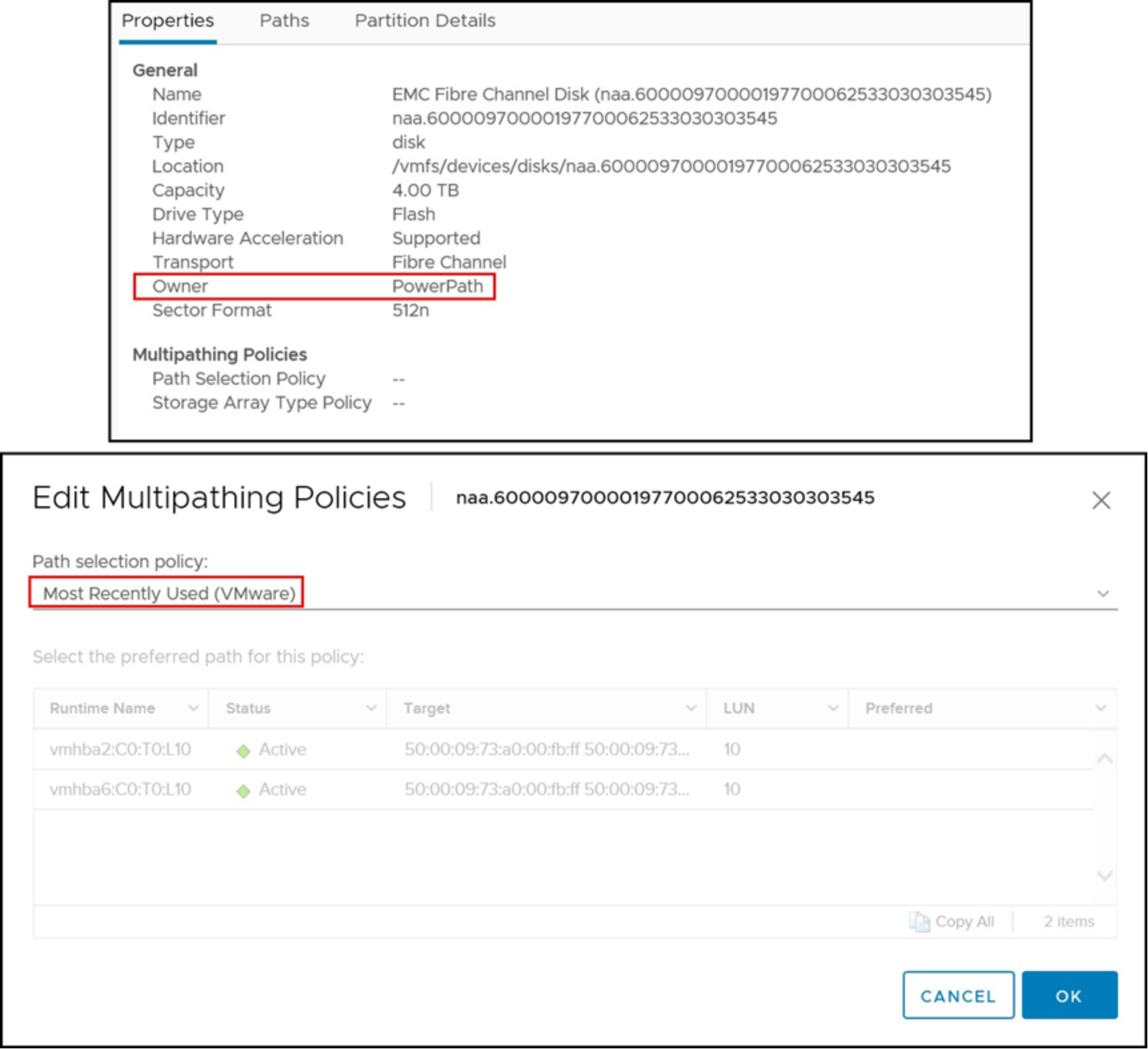 Manage Paths dialog viewing a device under PowerPath ownership 