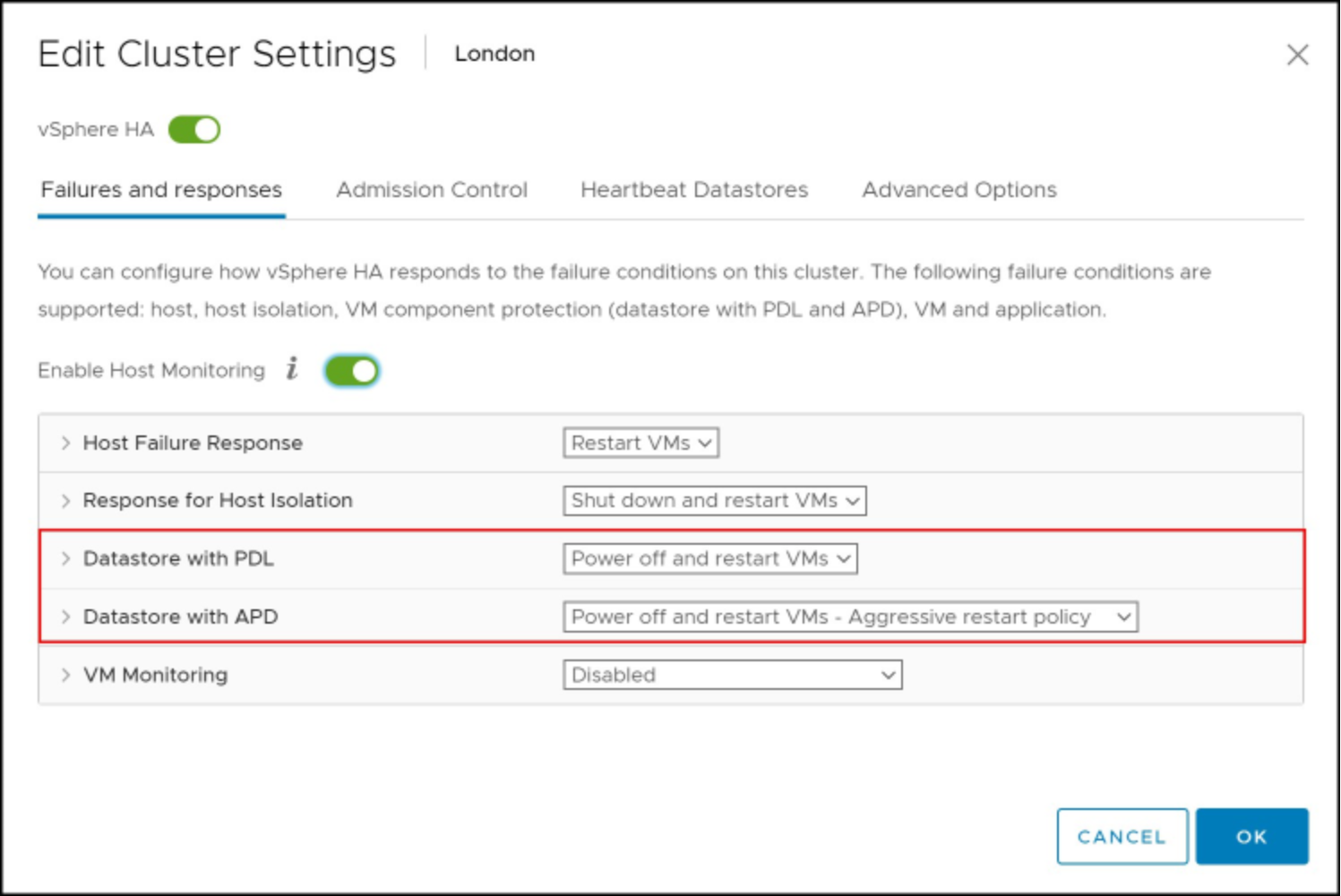 Storage and VM settings for VMCP in the vSphere Client 