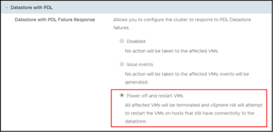 PDL datastore response for VMCP in the vSphere Client 