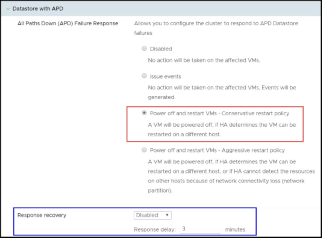 APD datastore response for VMCP in the vSphere Client 