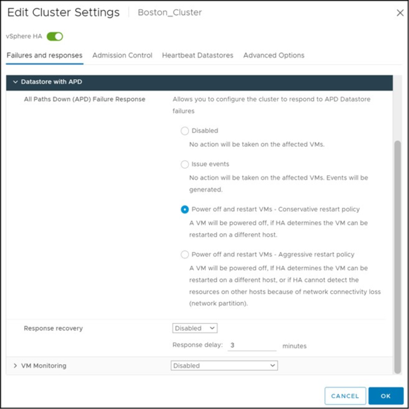 Additional APD settings when enabling power off and restart VMs in the vSphere Client 