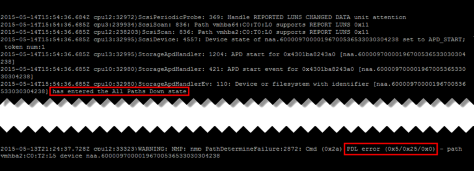 APD and PDL entries in the vmkernel.log   