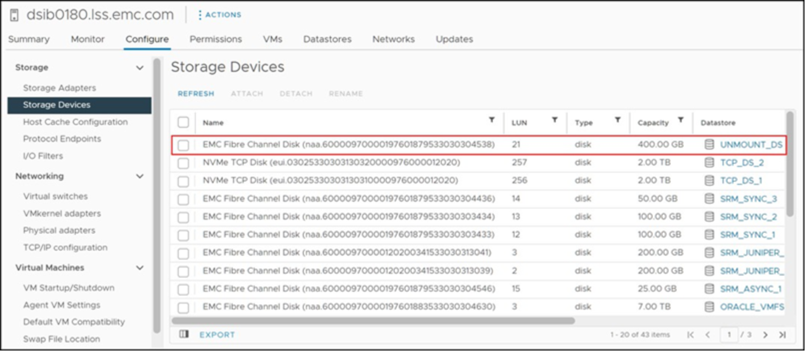 Underlying device identification of the datastore to be unmounted