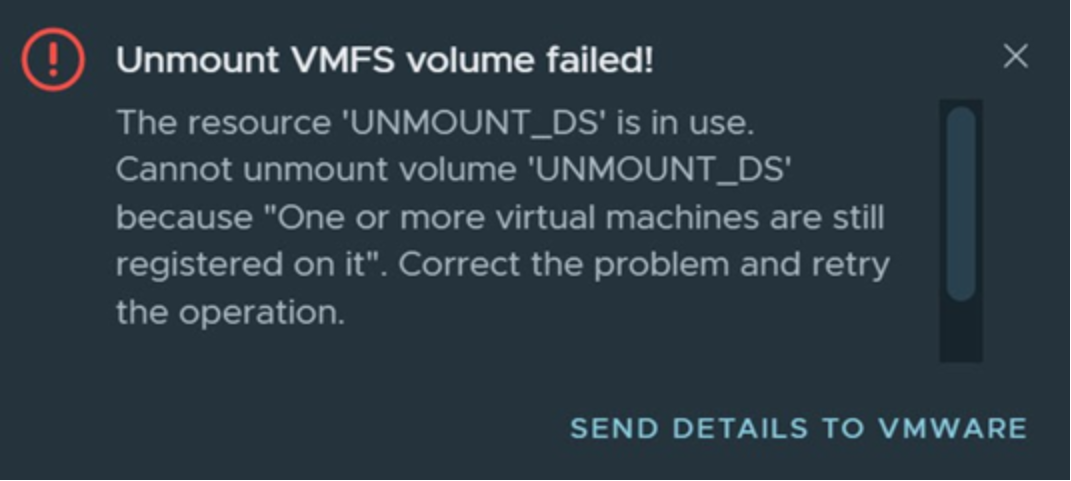 An error attempting to unmount a datastore 