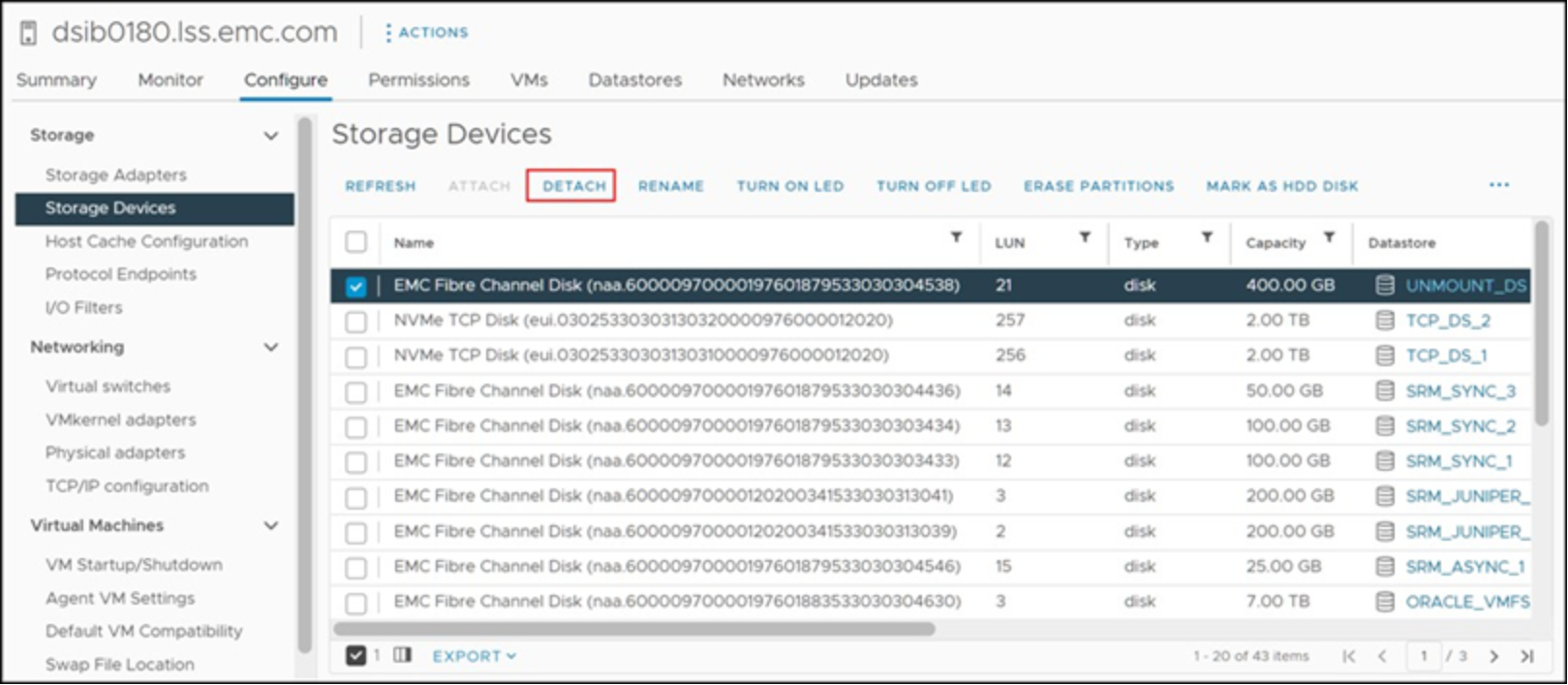 Detaching a device after unmounting the volume 