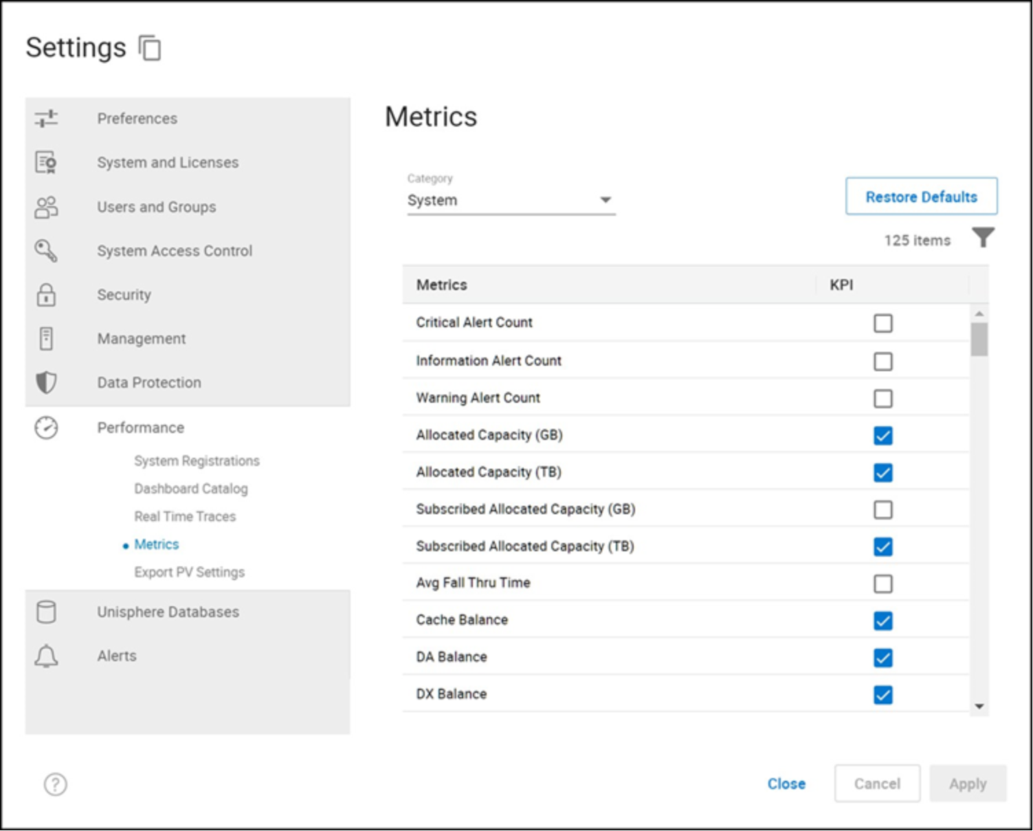 Settings in the performance monitoring option in Unisphere for PowerMax 