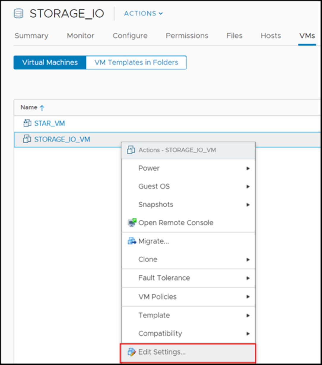 Edit settings for VM for SIOC 