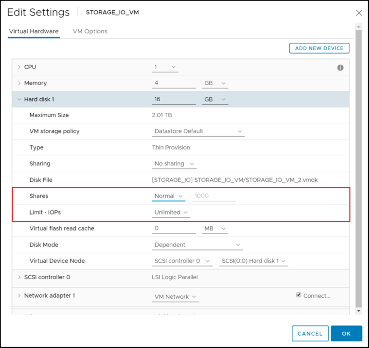 Default VM disk resource allocation 