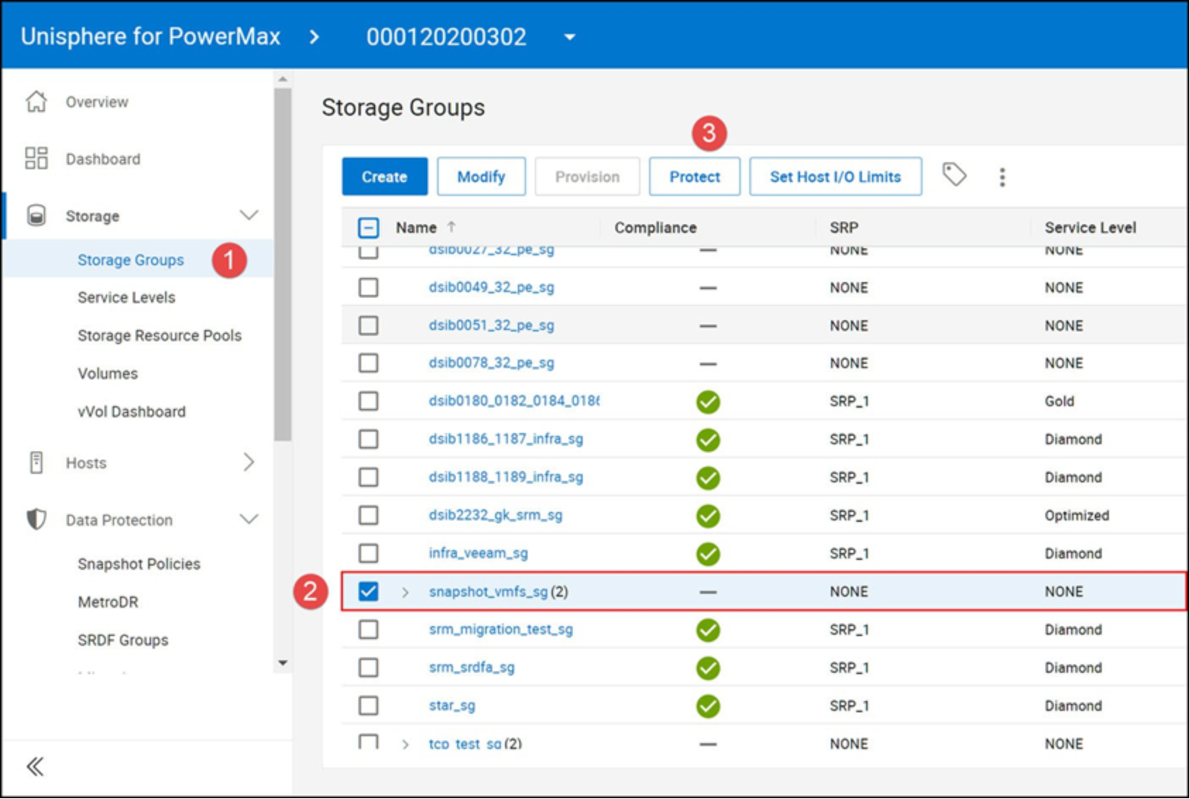 Selecting the storage group for snapshot protection in Unisphere for PowerMax 