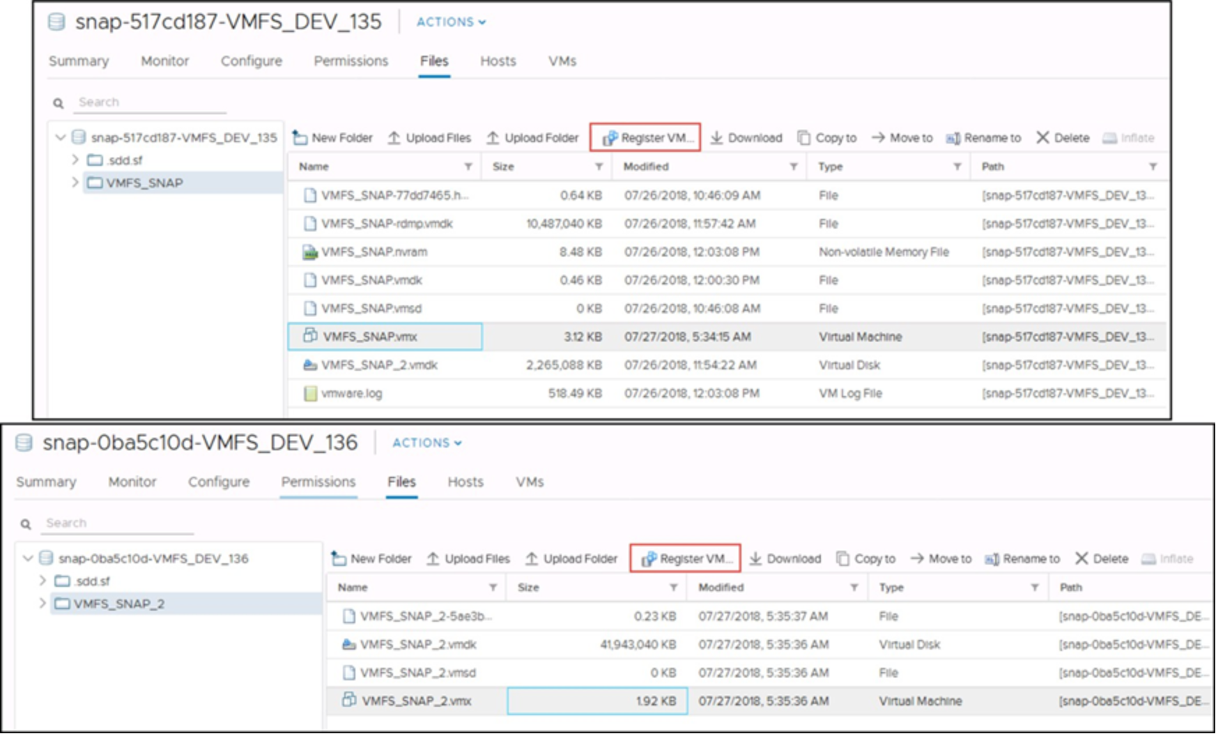 Register VMs in snapshot volumes 