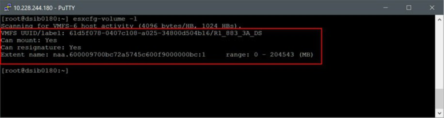 Esxcfg-volume -l showing only the snapshot linked target after the R2 device is detached 