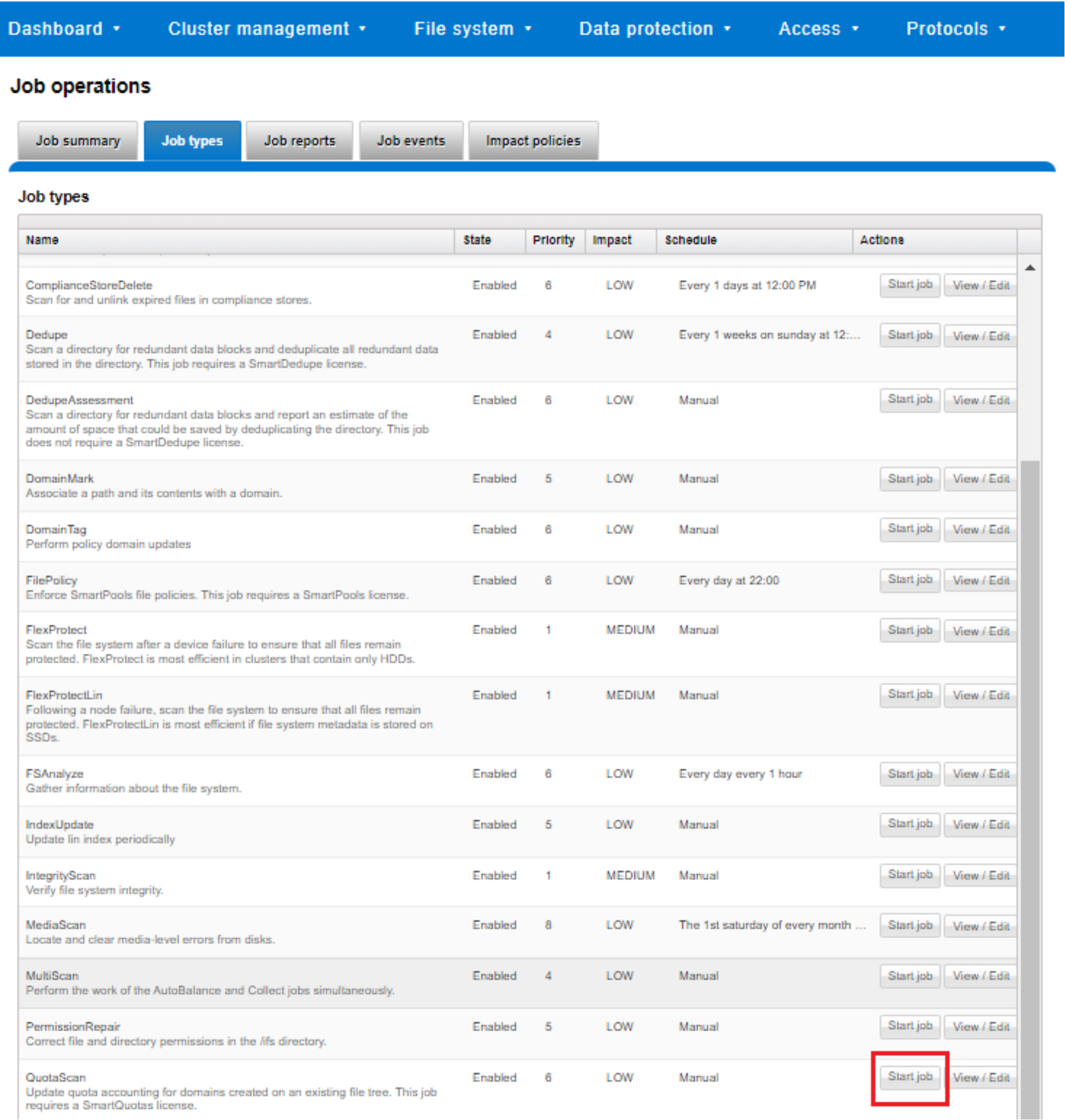 Screenshot showing starting a PermissionRepair job from the WebUI.