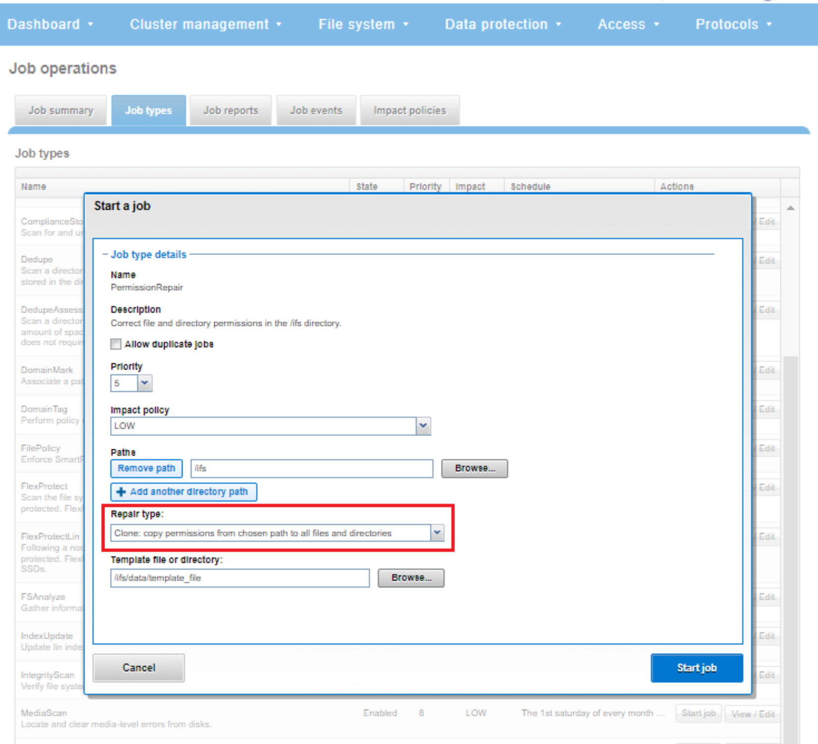 WebUI screenshot showing Permission Repair clone mode repair type.