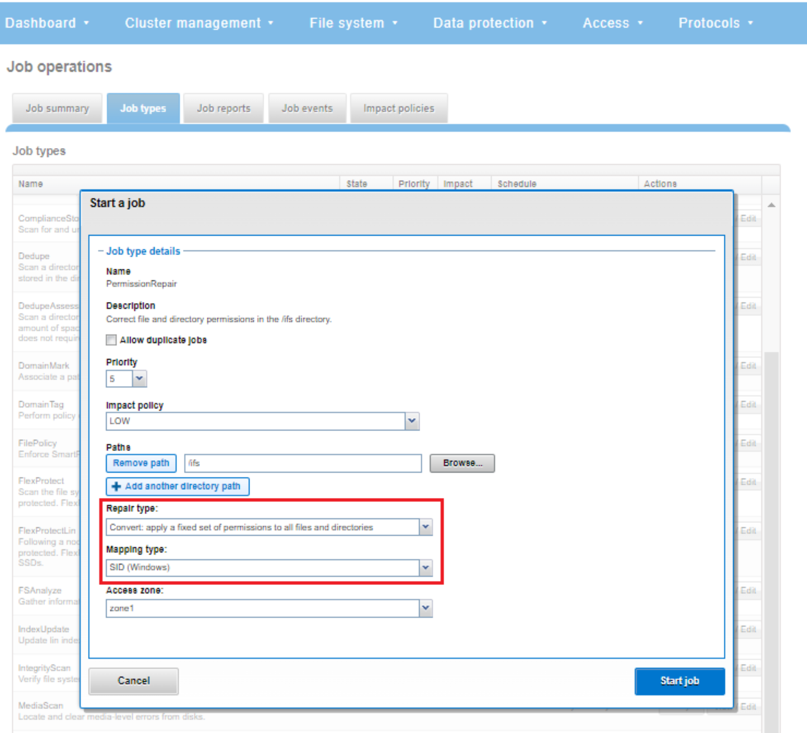 WebUI screenshot showing Permission Repair convert mode.