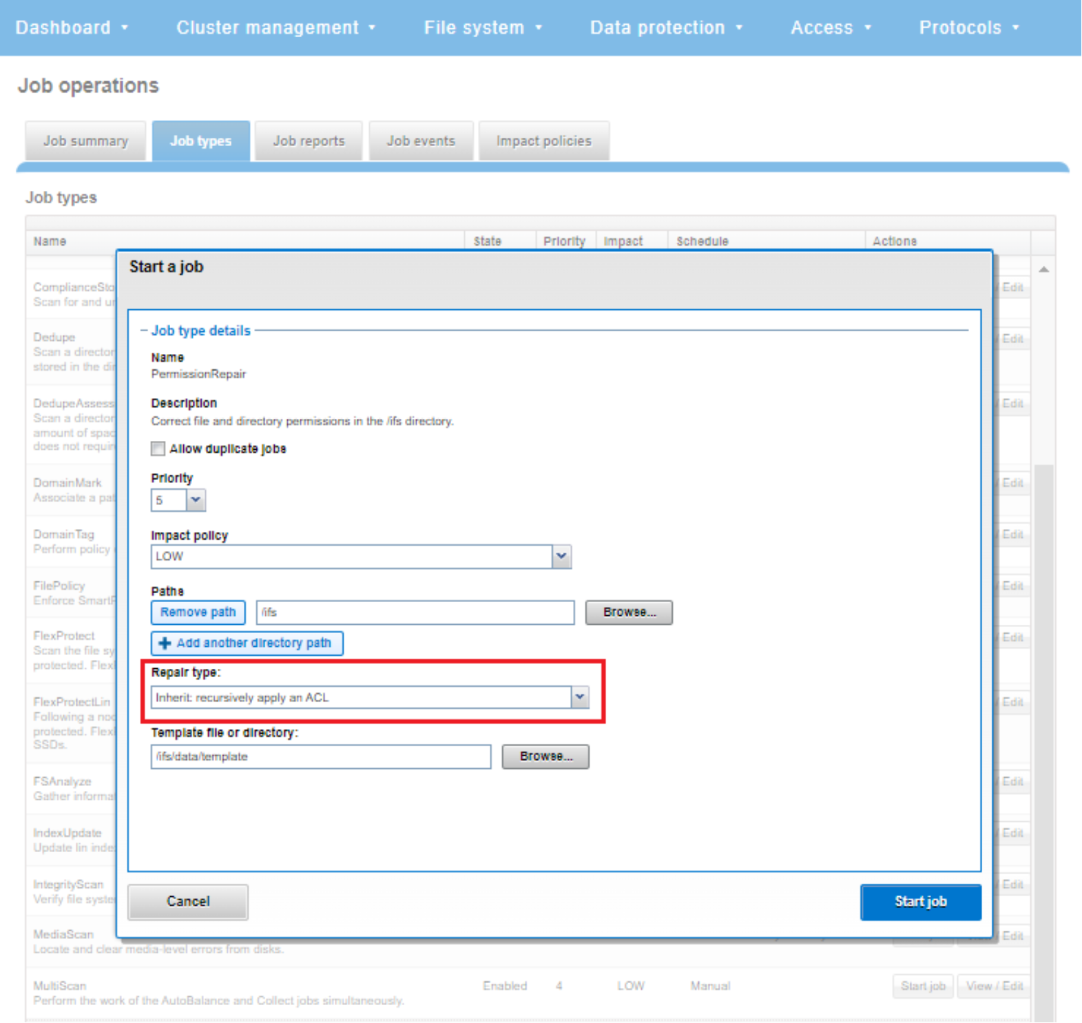 WebUI screenshot Permission Repair's inherit mode.