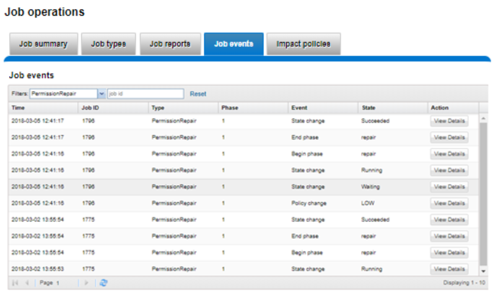 Screenshot showing PermissionRepair job events.