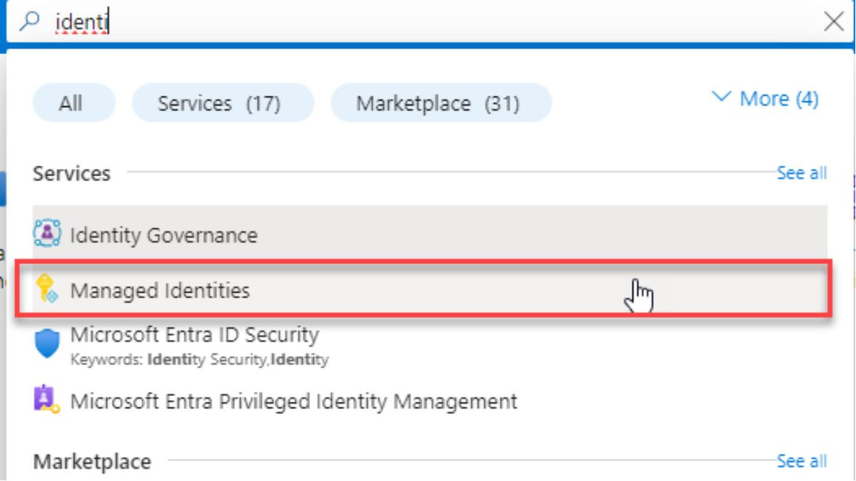 This an image of selecting managed identities in the drop down menu.