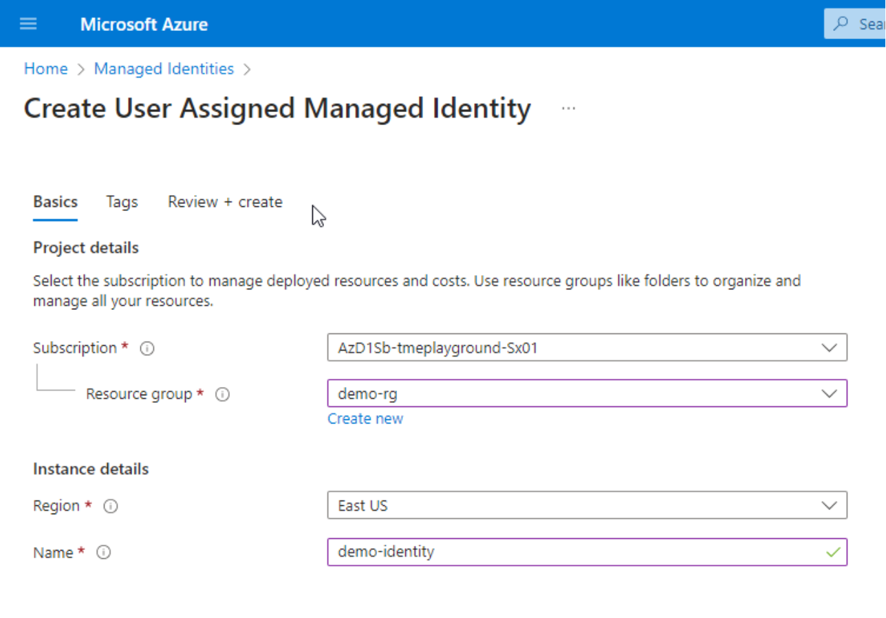 This is an image of creating a role under demo-rg, east us region and with the name demo-identity.