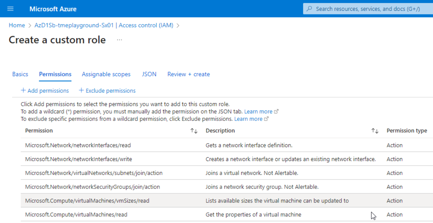 This is a screenshot of adding these permissions in to an Azure custom role.