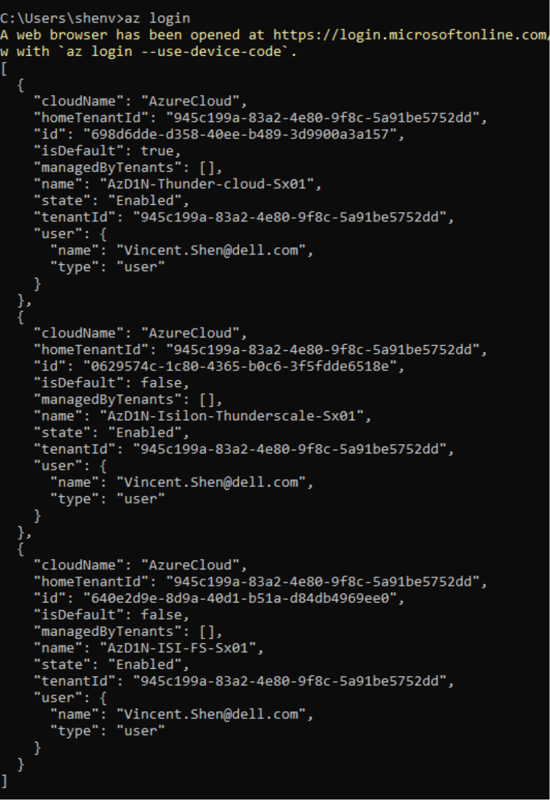 An image of output of "az login"