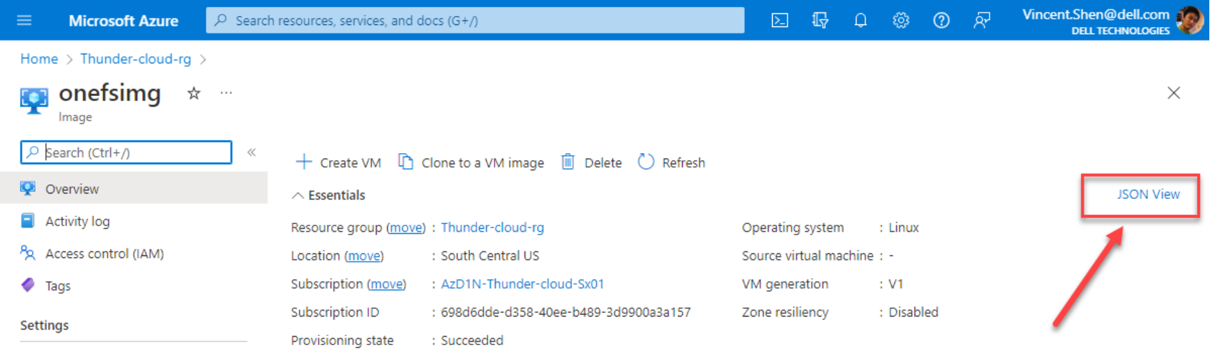 A screenshot of an Azure image overview page. In the screenshot, we click the link JSON View labeled on the right side.