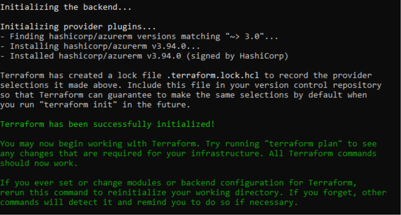 A screen showing terraform init success