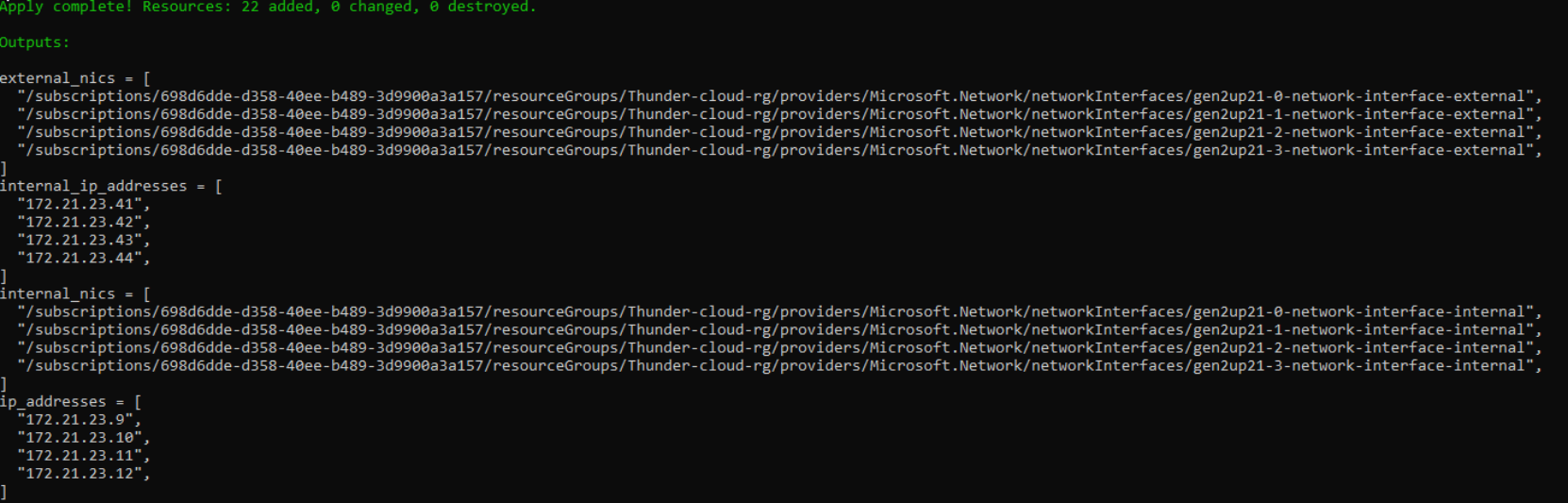 A screenshot of output of the terraform script to deploy APEX File Storage for Azure. the output includes internal/external nics and ips