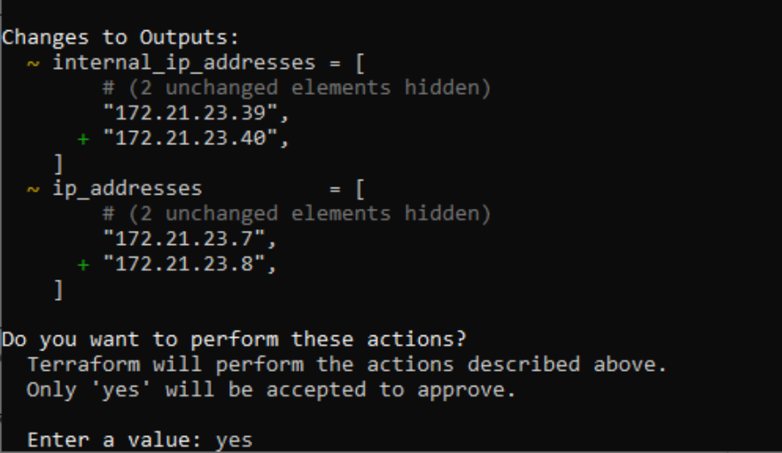 A screenshot of output of terraform script dry run. The end user is to type "yes" to continue.