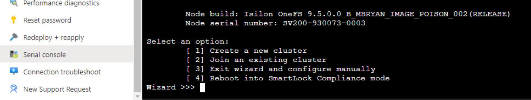 A screenshot of using the Azure serial console to connect to a newly provisioned node to join a cluster.Among the options listed in the screen, choose option #2 to join an existing cluster.