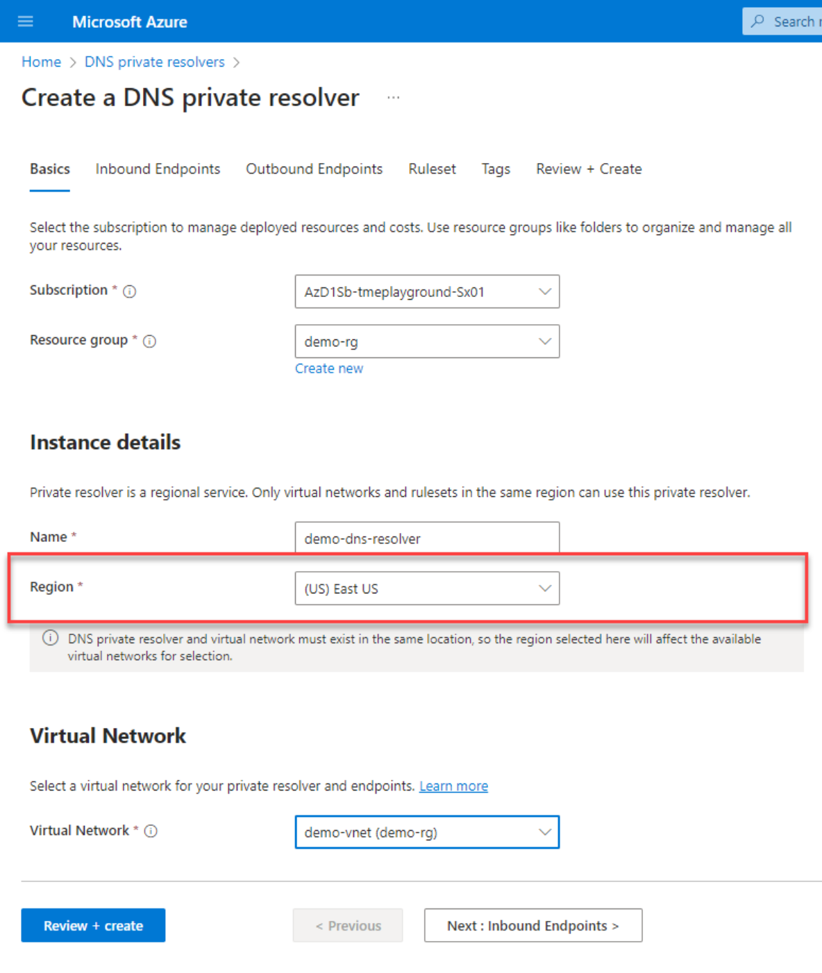 A screenshot of creating a DNS private resolver basics tab.In the region field, choose 'east US'.