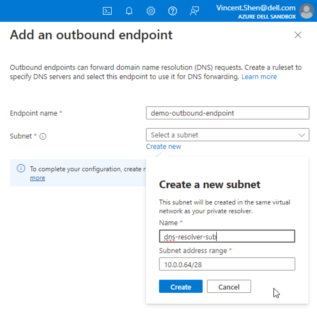 A screenshot of creating a new subnet for Azure DNS resolver.  The name is dns-resolver-sub. Thesubnet address range is 10.0.0.64/28.