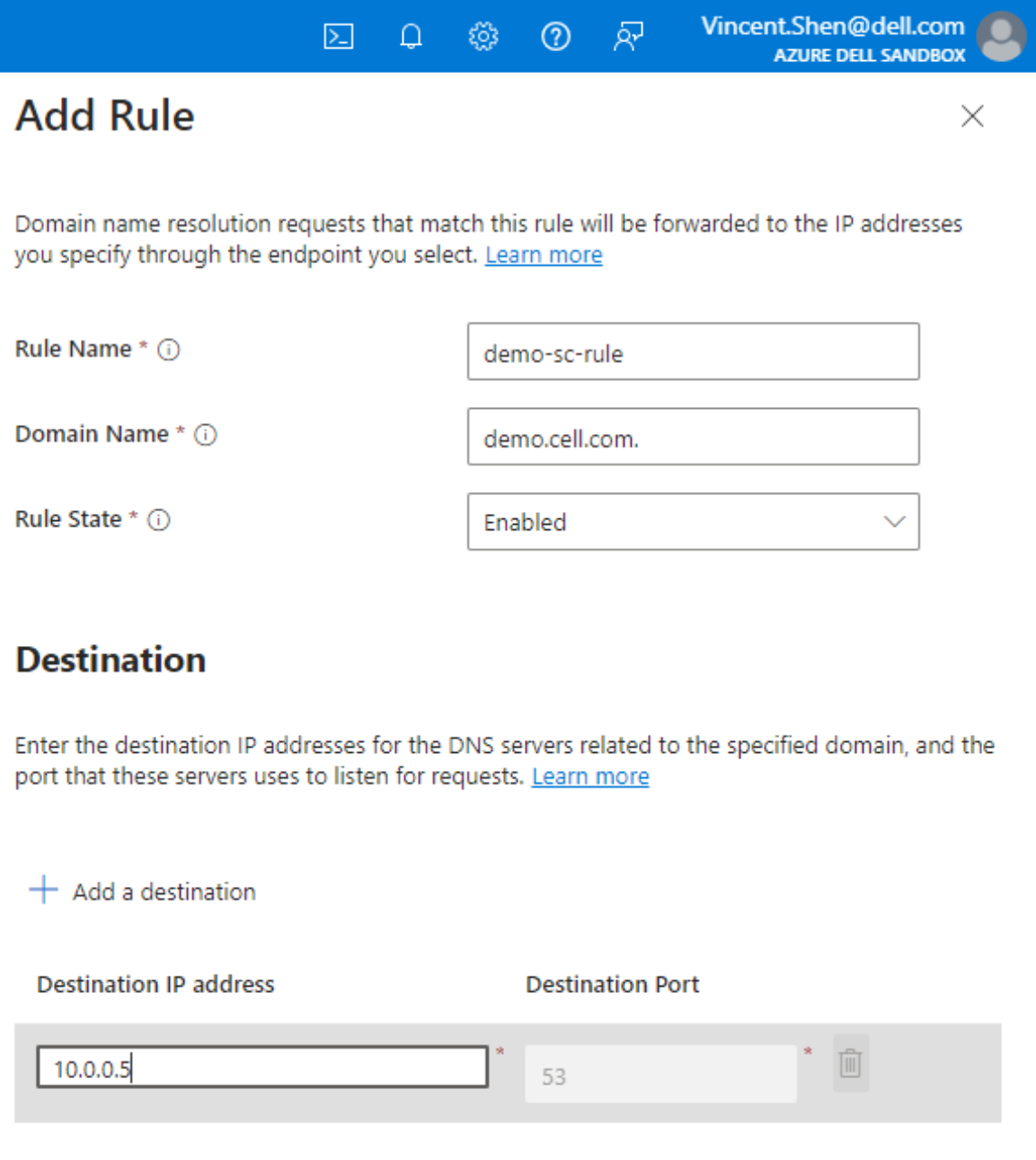 A screenshot of the add a rule page.The rule name is demo-sc-rule,the domain name is demo.cell.com.the rule state is enable, and the destination IP address is 10.0.0.5.