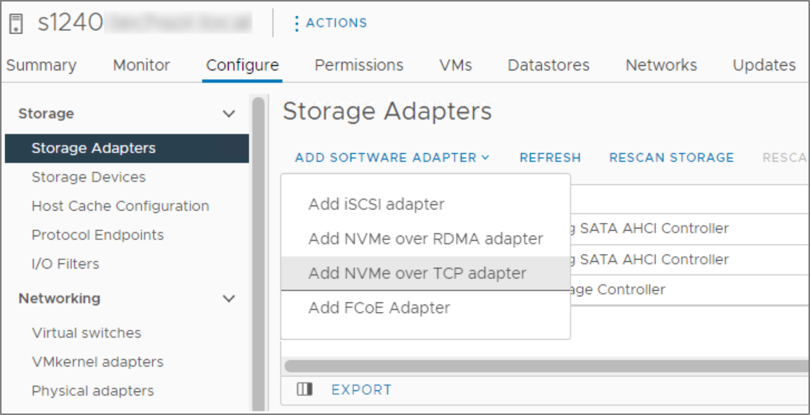 Workflow to add NVMe over TCP adapter in the vSphere Client.