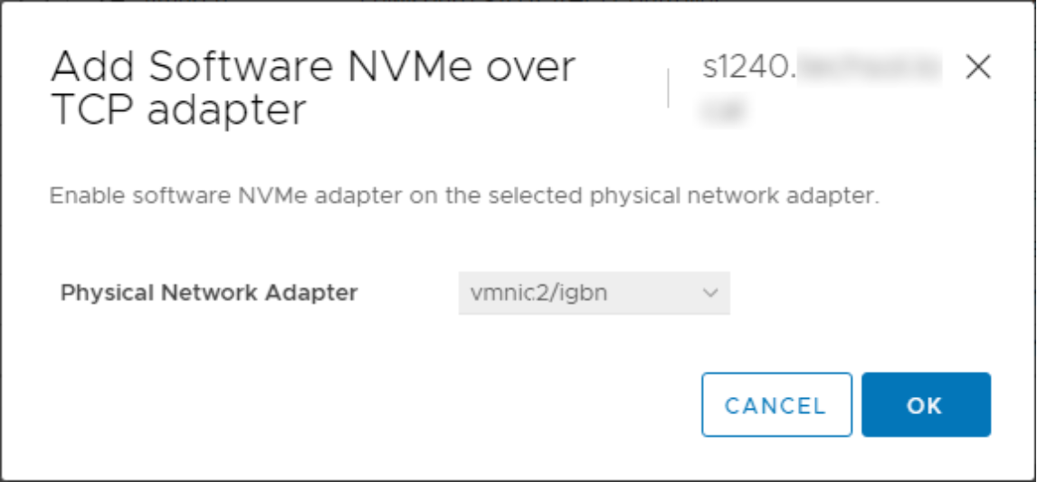 Workflow to add NVMe over TCP adapter in the vSphere Client. Physical Network Adapter vmnic2/igbn is selected.