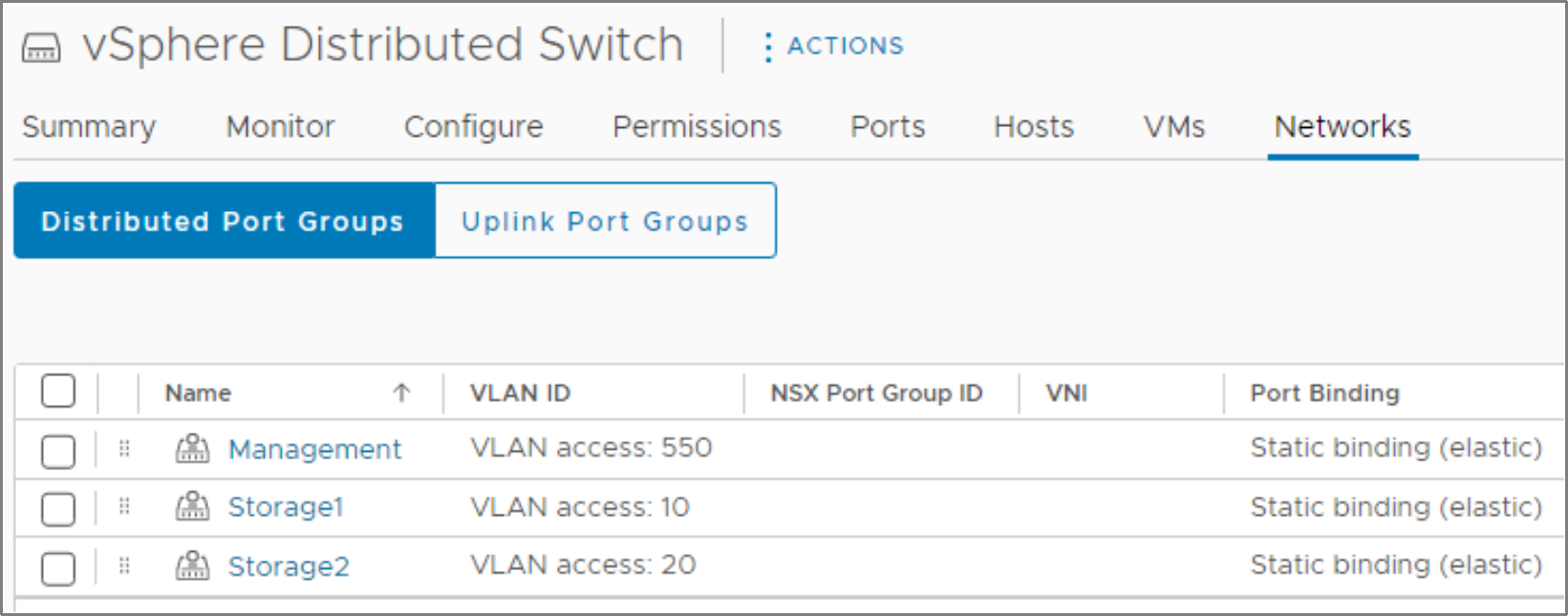 Distributed Switch port groups in the vSphere Client. Two storage network port groups are shown.