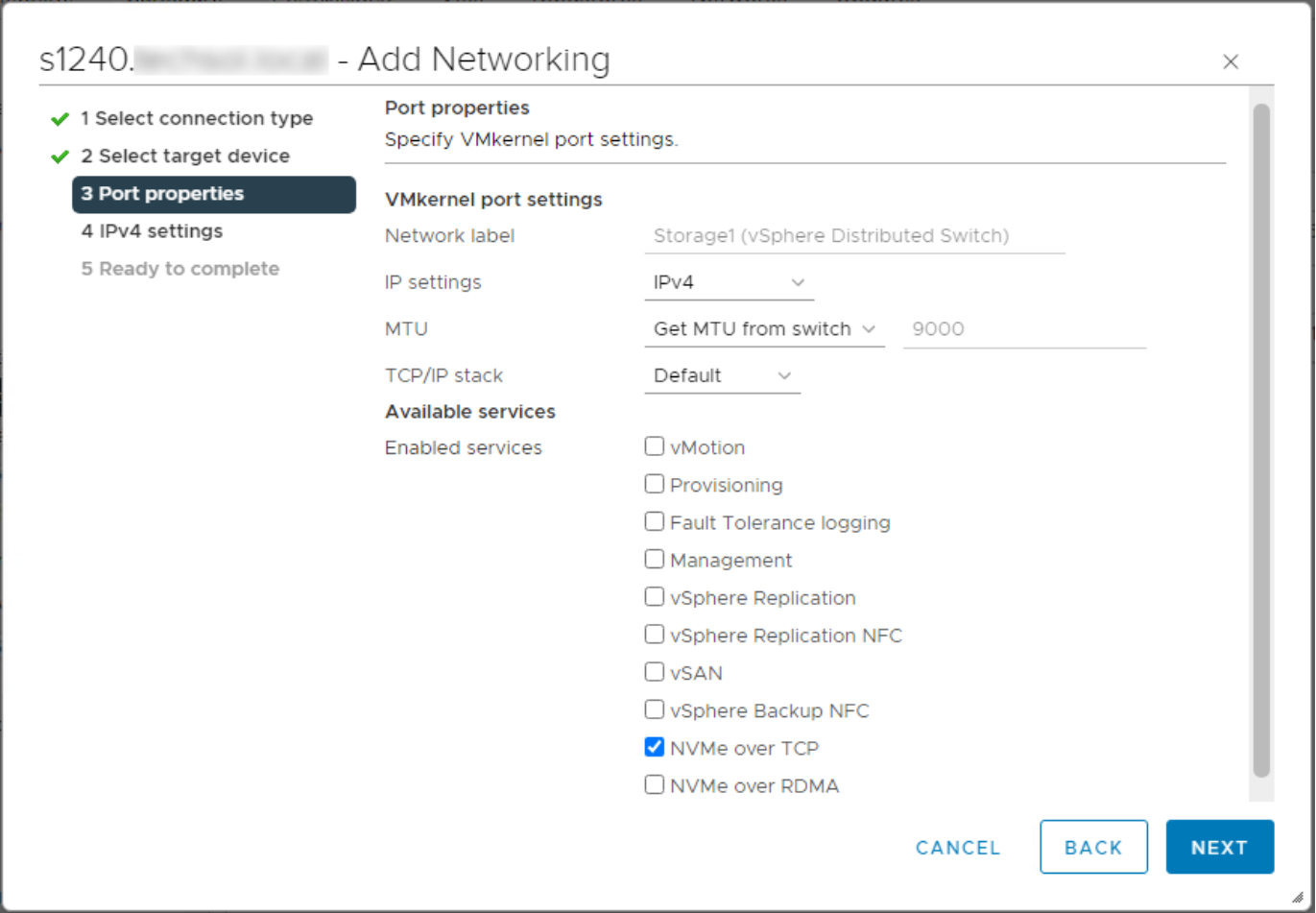 Workflow to add networking in the vSphere Client. Port properties are displayed and the NVMe over TCP box is checked.