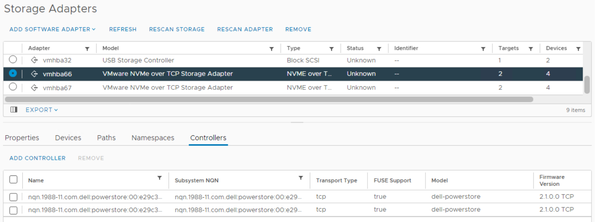 Storage Adapters in the vSphere Client. vmhba66 is highlighted which reveals two Controllers below.